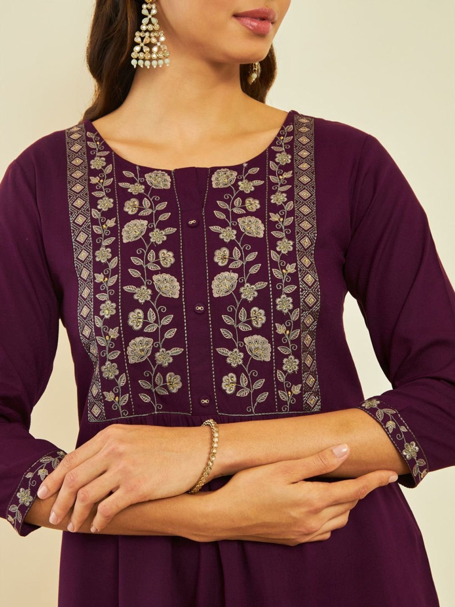 Soch Wine Rayon Floral Embroidered Round-Neck Tunic with Vented Hemline