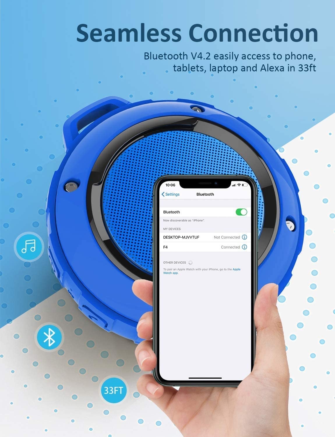 Outdoor Waterproof Bluetooth Speaker,Attoe Wireless Portable Mini Shower Travel Speaker with Subwoofer, Enhanced Bass, Built in Mic for Sports, Pool, Beach, Hiking, Camping (Blue)