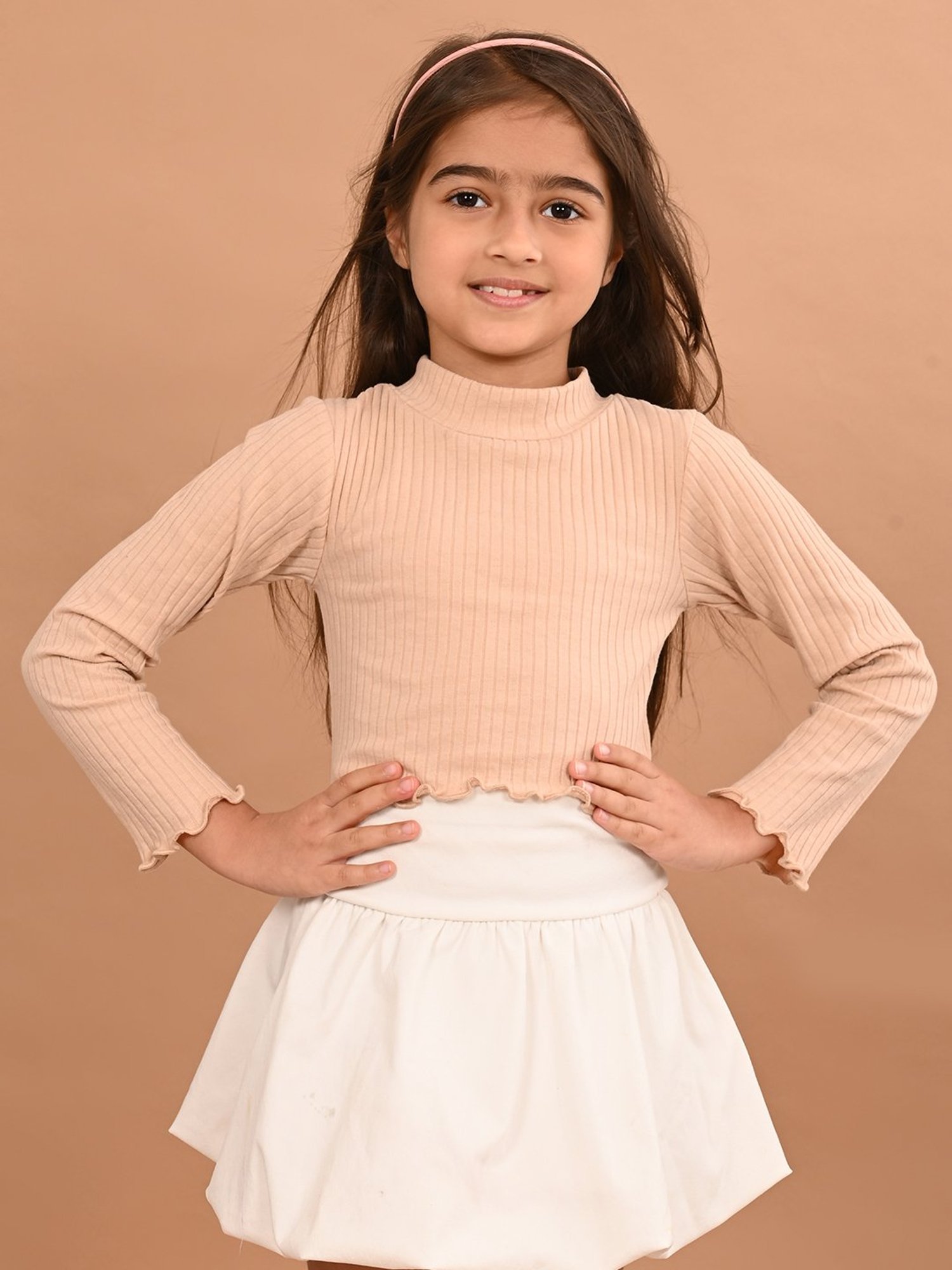 LilPicks Kids Beige Solid Full Sleeves Crop Top