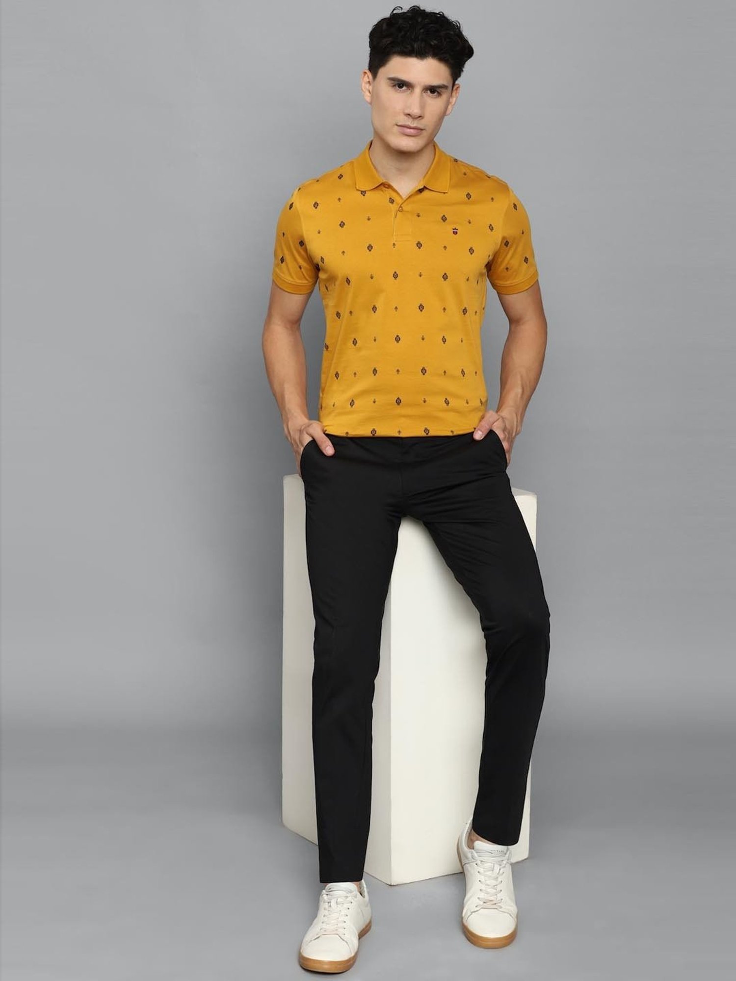 Louis Philippe Sport Yellow Cotton Slim Fit Printed Polo T-Shirt