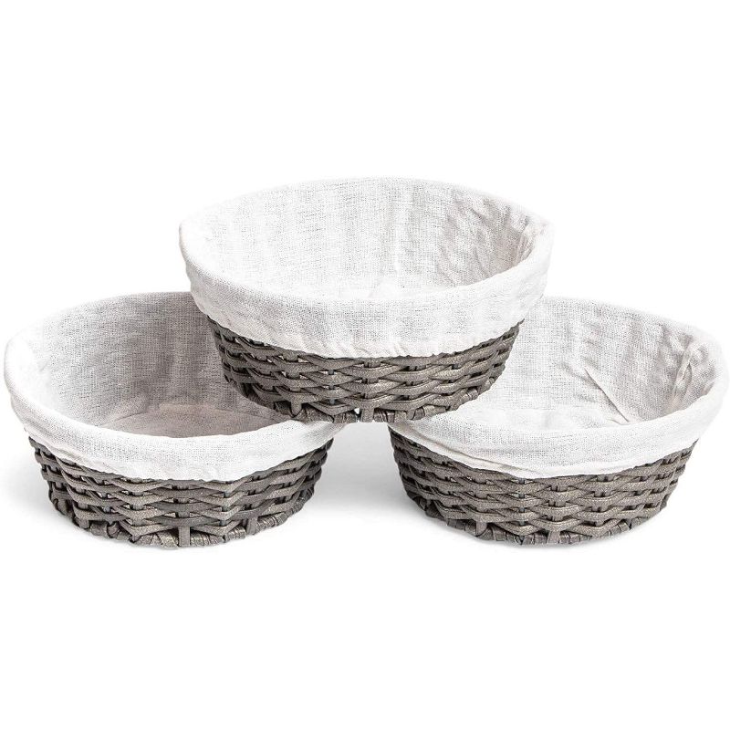 Farmlyn Creek 3-Pack Grey Round Wicker Nesting Baskets and Liners for Storage (8.7 x 3.5 in)