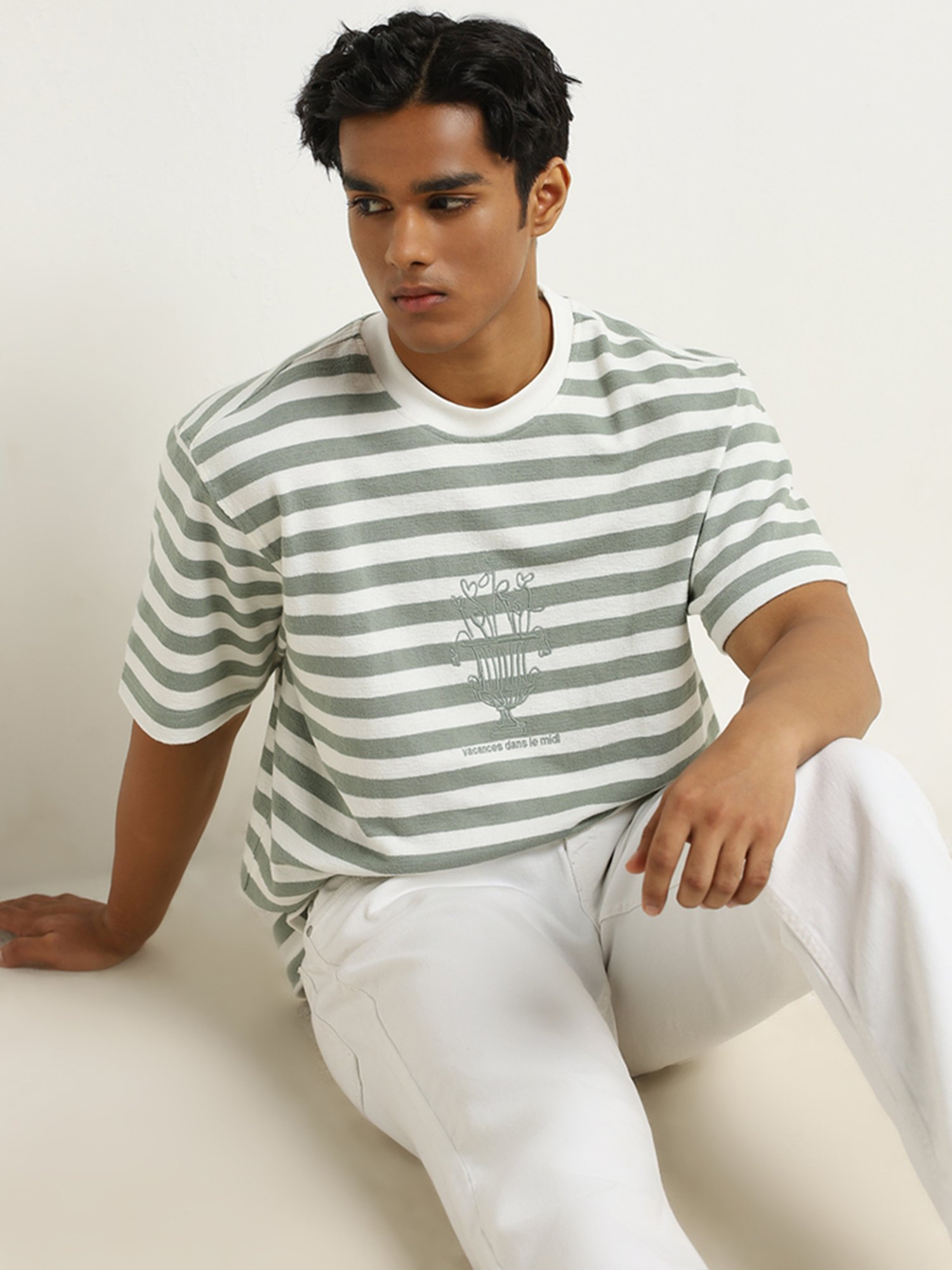 Nuon by Westside Sage Stripe Printed Relaxed-Fit Cotton T-Shirt