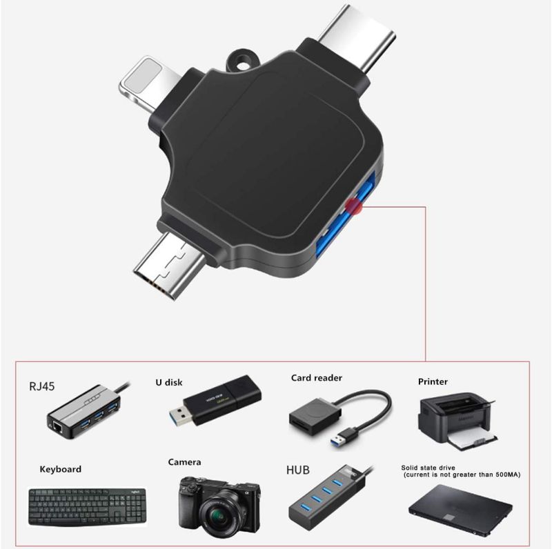 OTG Adapter, Compatible with Android/iPhone/iPad, Lightning/USB Type-C/Micro-USB to USB Camera Adapter for SD TF Card Reader, Keyboard, Mouse, U Disk, USB Flash Drive Silver