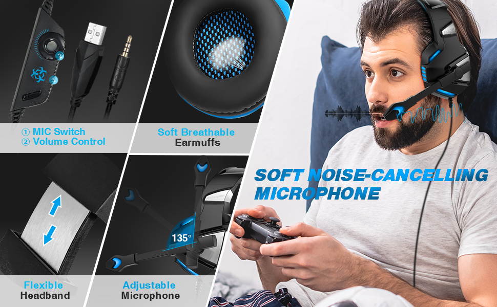 Micolindun Gaming Headset for Xbox One, PS4, PC, Over Ear Gaming Headphones with Noise Cancelling Mic LED Light, Stereo Bass Surround, Soft Memory Earmuffs for Smart Phone, Laptops, Tablet