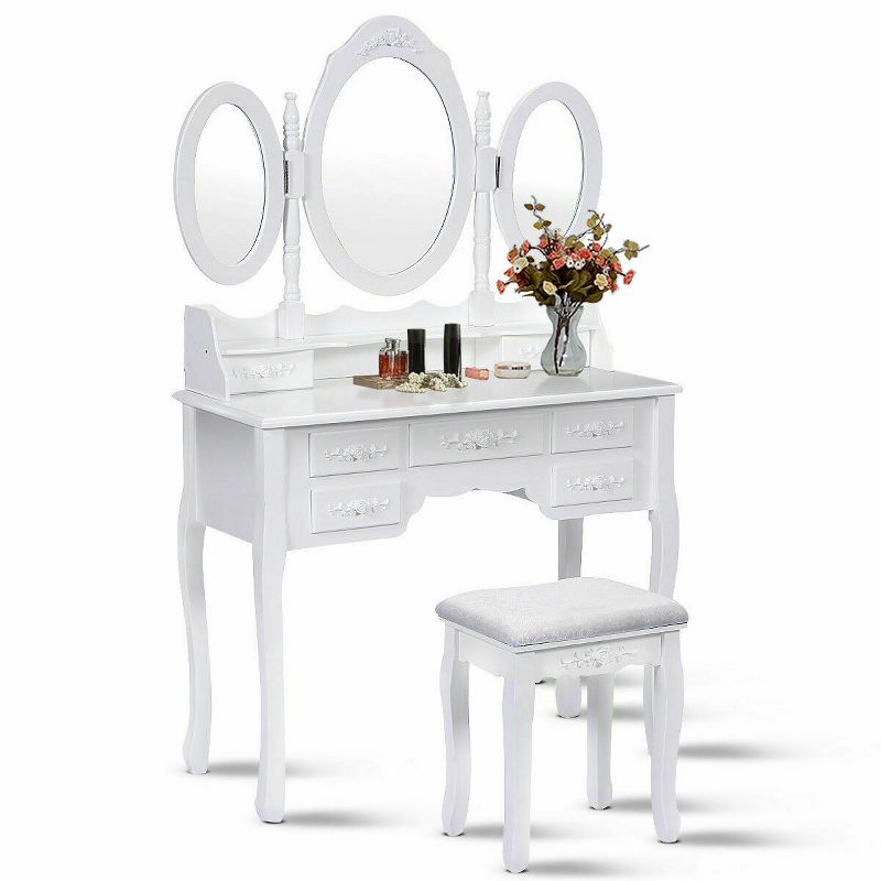 Costway White Tri Folding Oval Wood Vanity Makeup Table Set 7 Drawers
