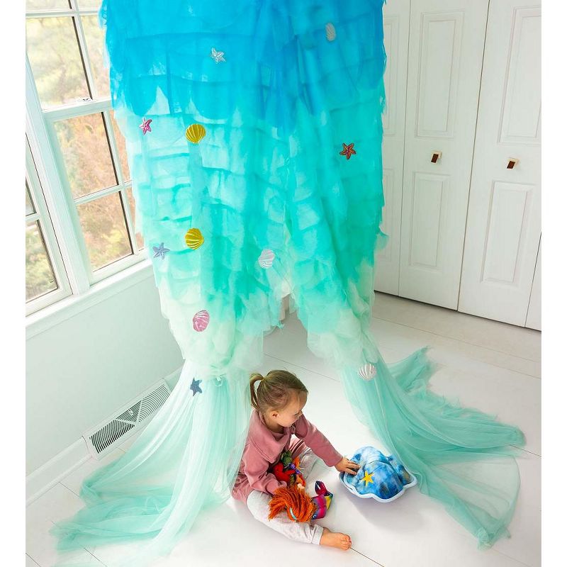 HearthSong Mermaid Blue Scalloped Gauze Canopy with LED Lights and Decorative Appliqu'e Shells and Starfish