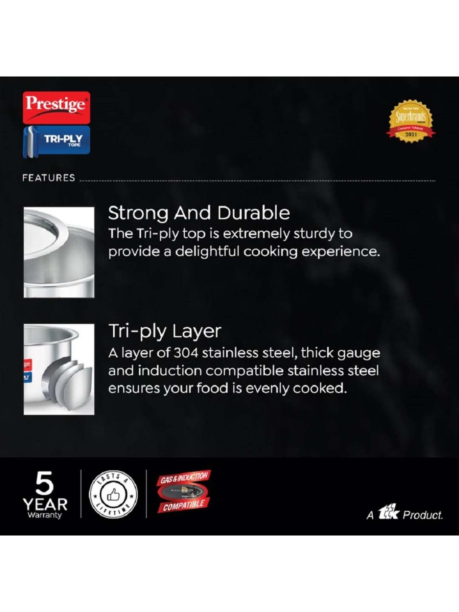 Prestige Silver Tri-Ply 20 cm Induction Compatible Tope With Lid (3.1 L) - Set of 1