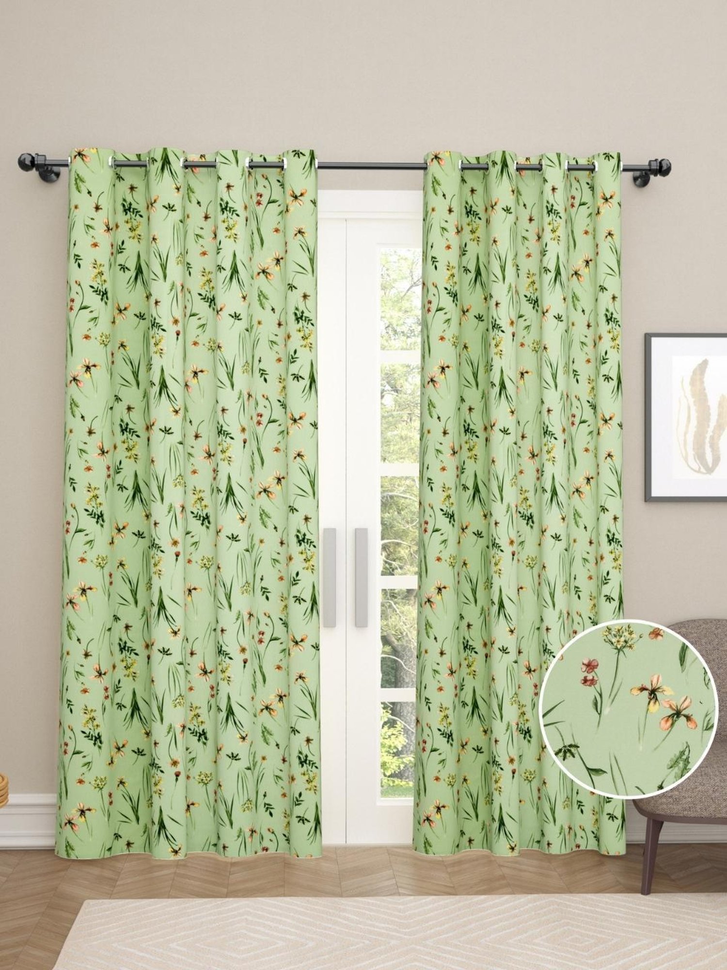 Haus & Kinder Printed Green Polyester 7 FT Door Curtains - Set of 2