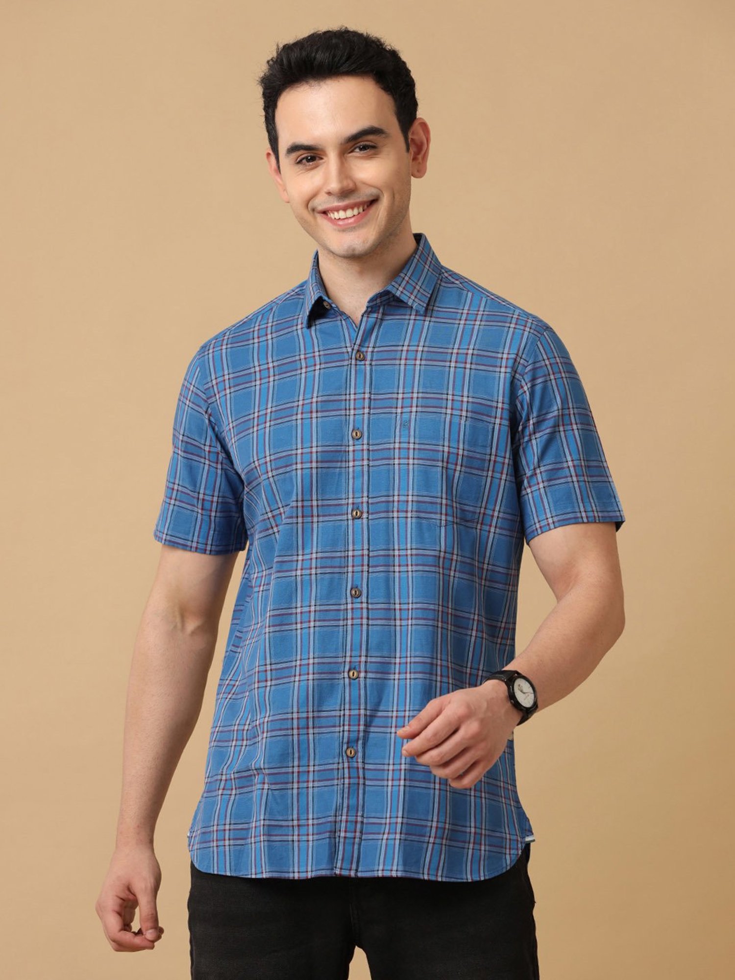 CAVALLO by Linen Club Blue Contemporary Fit Check Shirt