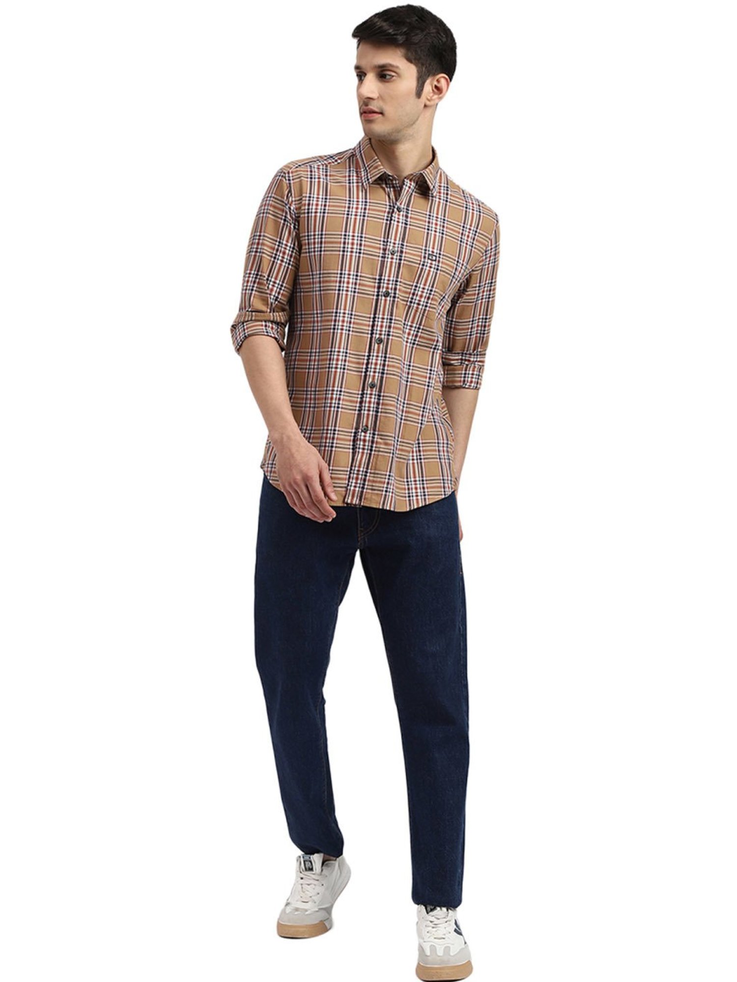Arrow Light Brown Cotton Slim Fit Checks Shirt