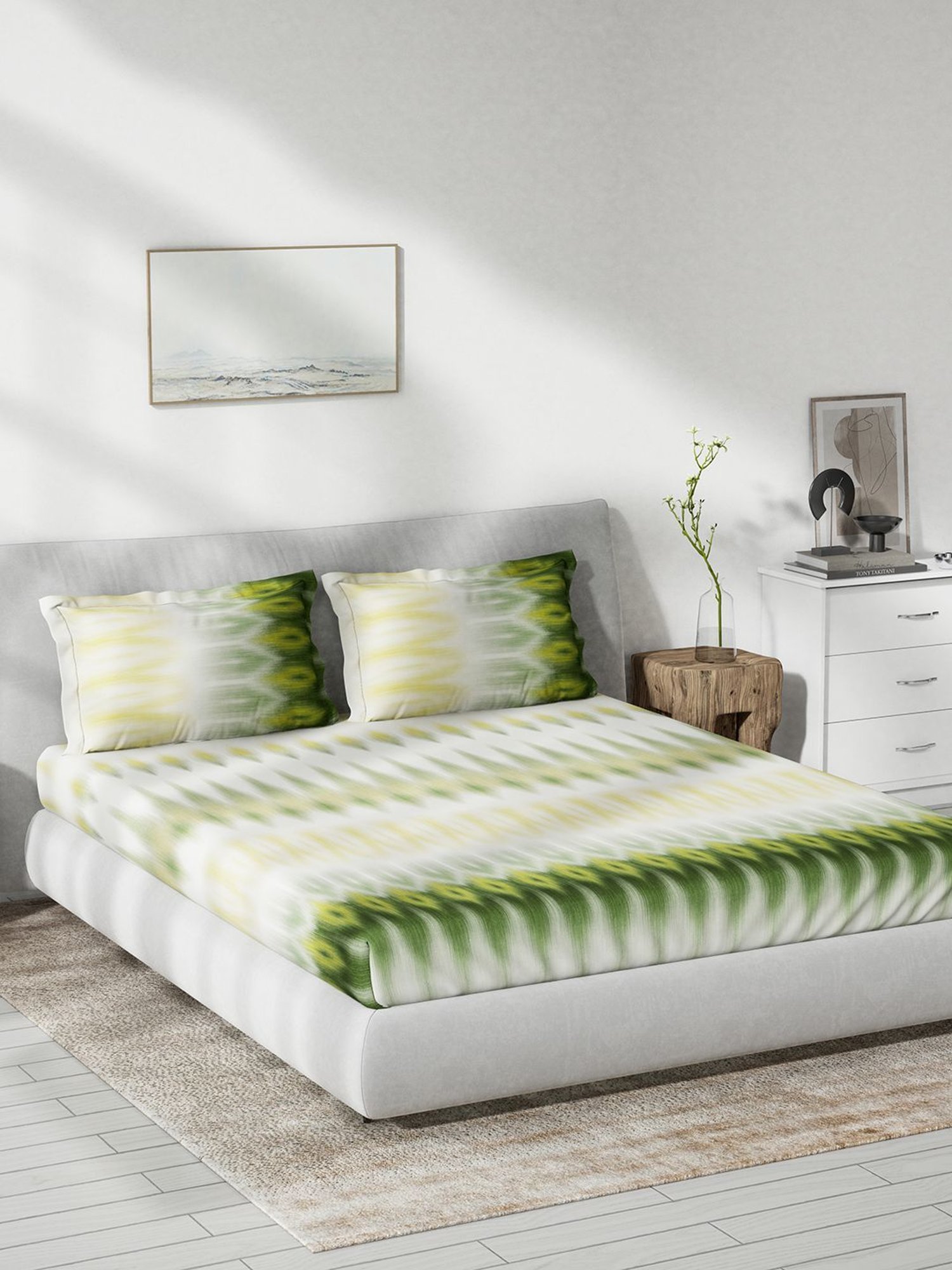 DDecor Ethnic Green 136 TC Cotton King Fitted Bed Sheet With 2 Pillow Covers