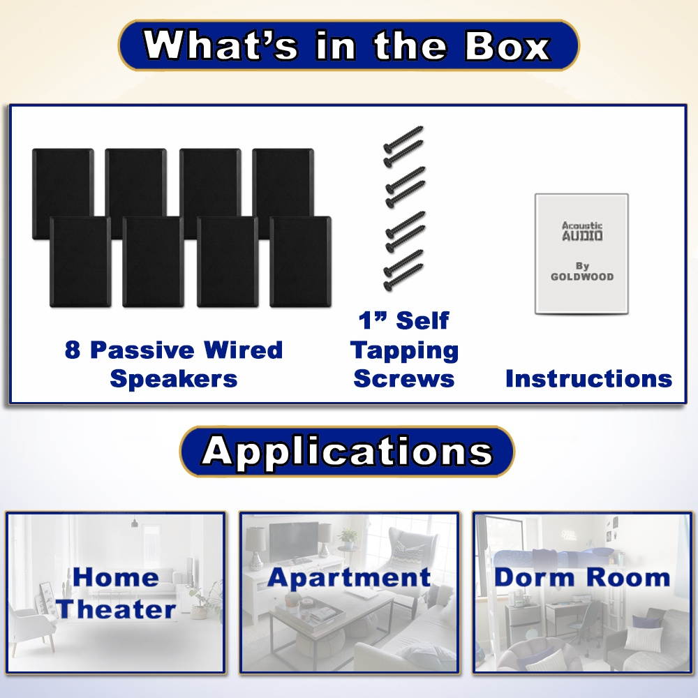 Acoustic Audio SLM1B Mountable On Wall Slim Speakers Home Theater Wired 4 Pair Pack