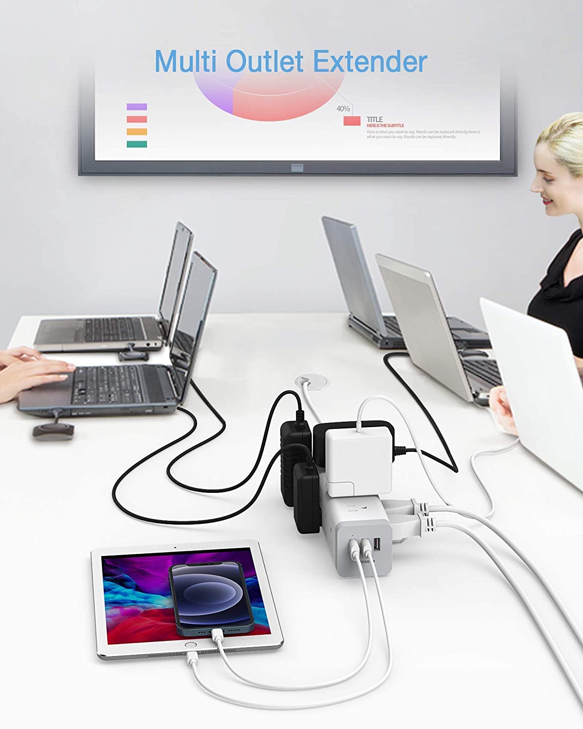 Long Power Strip,  Surge Protector 3 Sided with 15 AC Outlets and 3 USB Charging Ports, Flat Plug Extension Cord 6 Feet 1875W/15A, 1050 Joules, Mountable, White