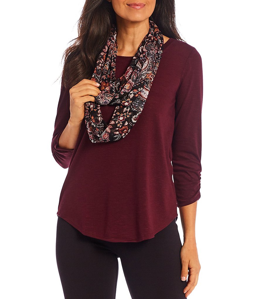 I.N. Studio Petite Size Hacci Knit 3/4 Ruched Sleeve Round Neck Paisley Print Scarf Top