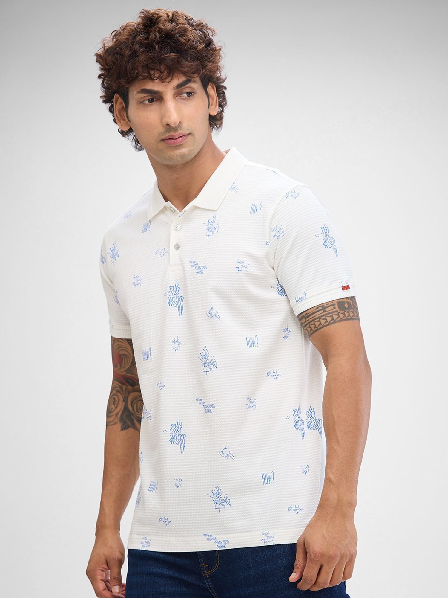 Spykar White Slim Fit Printed Polo T-Shirt