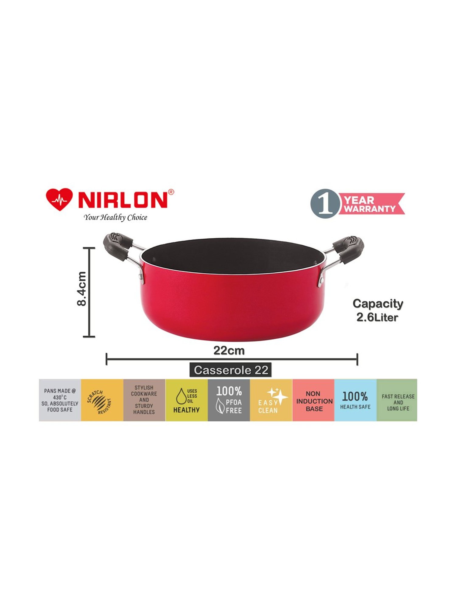 Nirlon Gas Compatible Aluminium Casserole with Bakelite Handle - 2.6 L