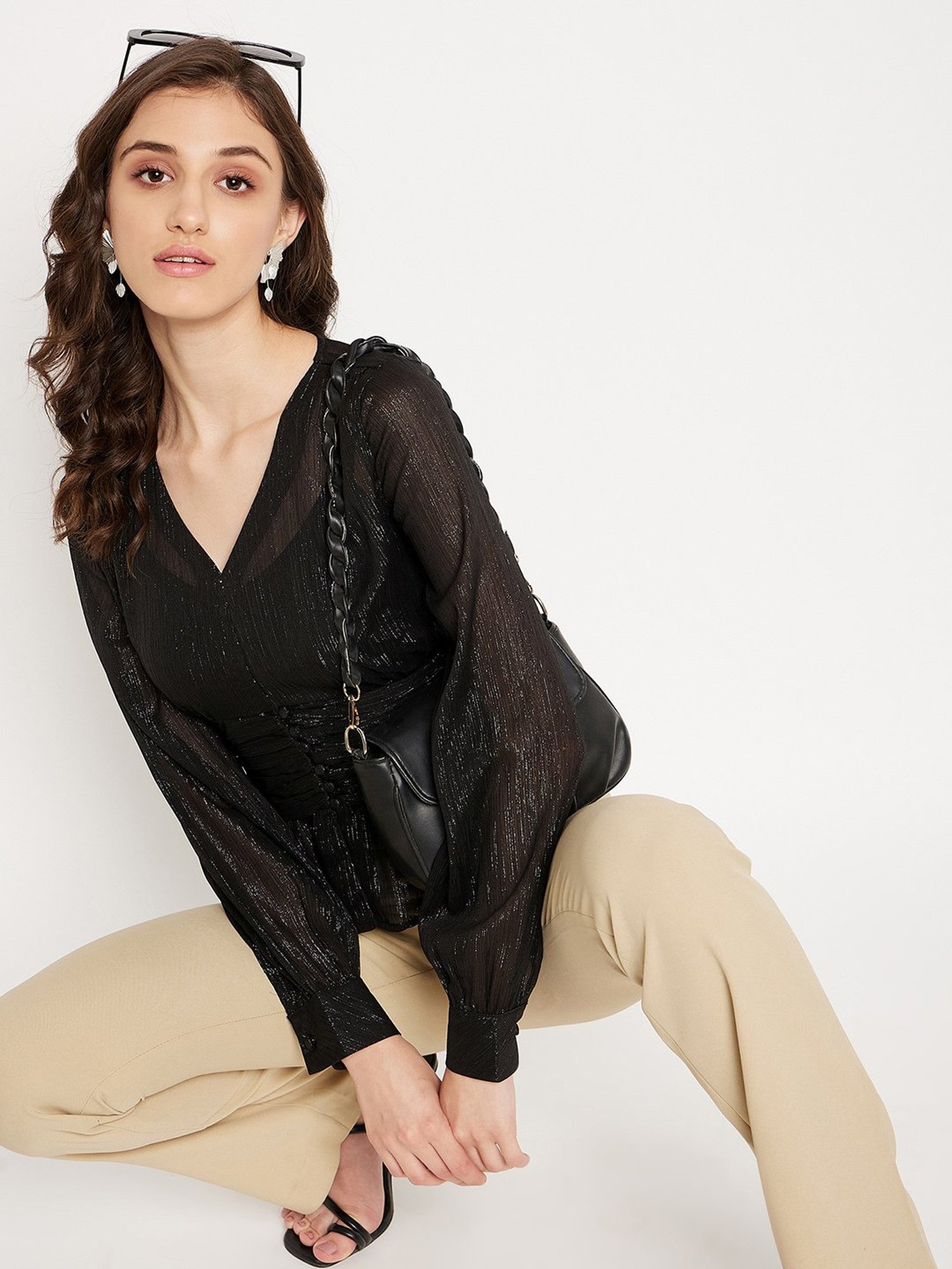 MADAME Black Textured Peplum Top