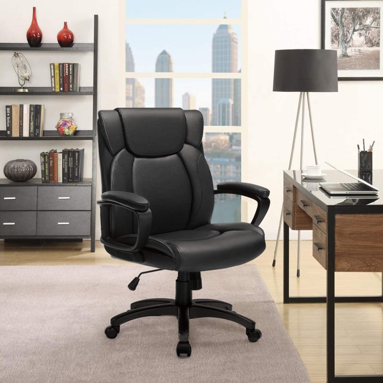 BOSSIN Mid-Back Executive Office Chair Leather Computer Desk Chair with Armrest,Swivel Ergonomic Task Chair with Lumbar Support,Thick Padded Rolling Chair for Adults (Mid-Back, Black)