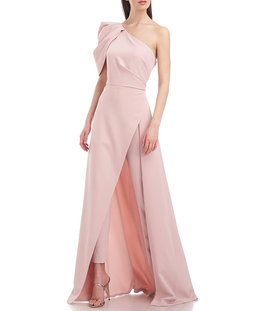 Kay Unger Bijou One-Shoulder Neck Short Elbow Sleeve Stretch Crepe Walk-Through Jumpsuit