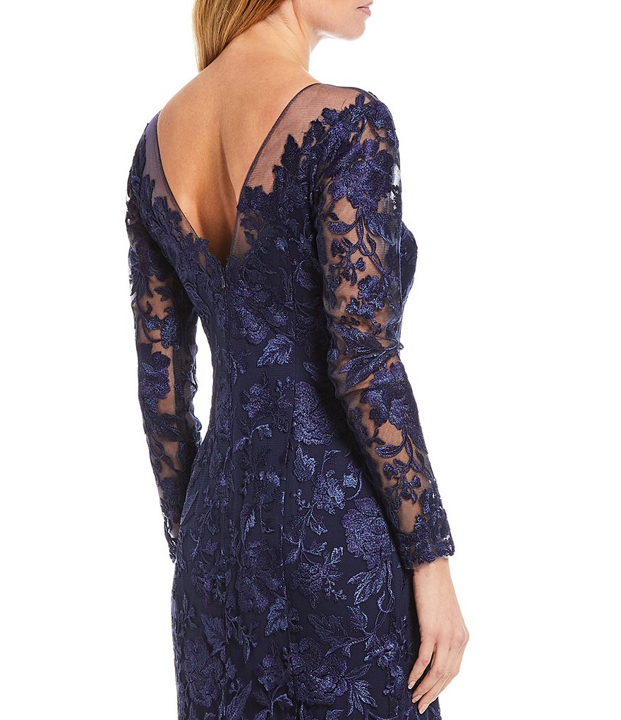 Tadashi Shoji Long Sleeve Illusion Neck Floral Embroidered V-Back Lace Gown