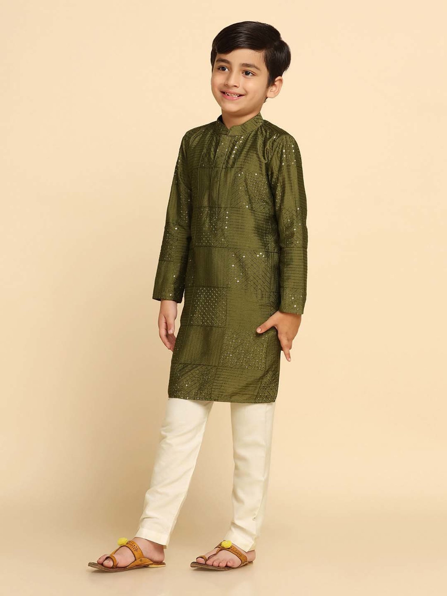KISAH Kids Olive & White Cotton Embroidered Full Sleeves Kurta Set