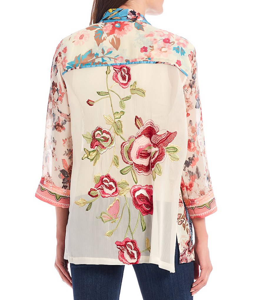John Mark Floral Mixed Print Embroidered Back Kimono