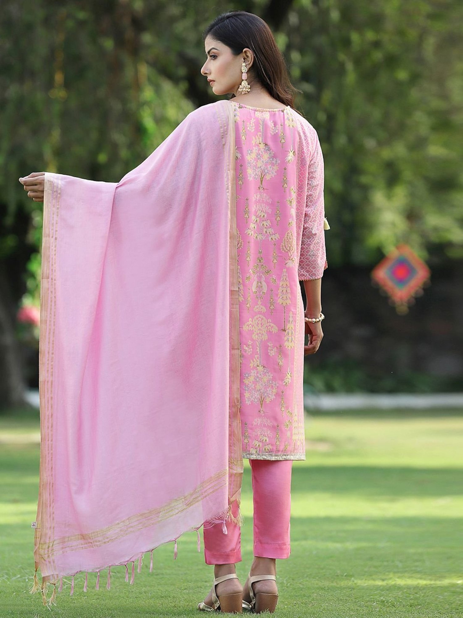 Juniper Pink Ethnic Motif Printed Georgette Kurta Pants & Dupatta Set With Tassels & Lace