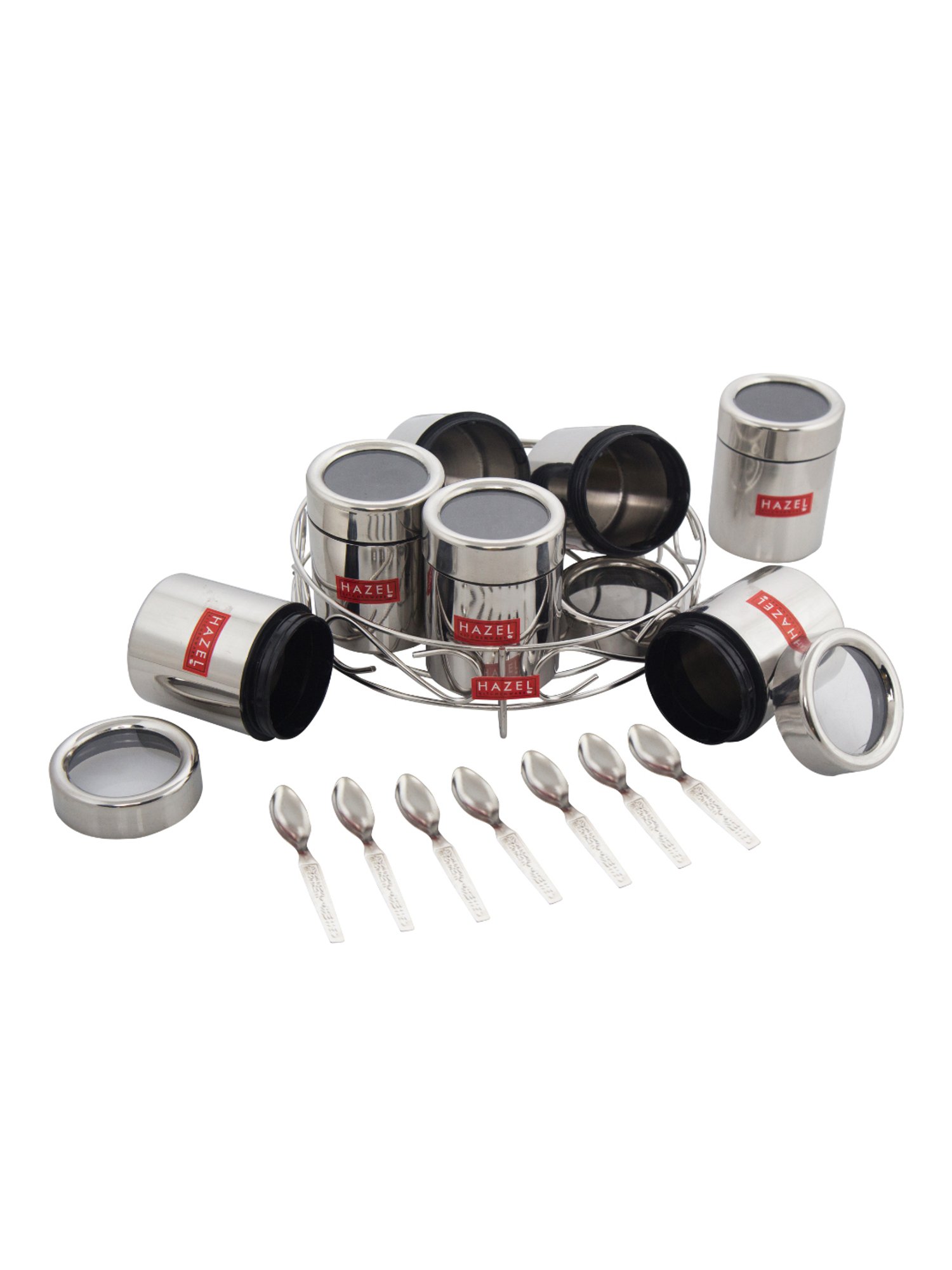 HAZEL Silver Stainless Steel Classic 7 in 1 Masala & Dry Fruit Container Stand with Lid (0.125L)