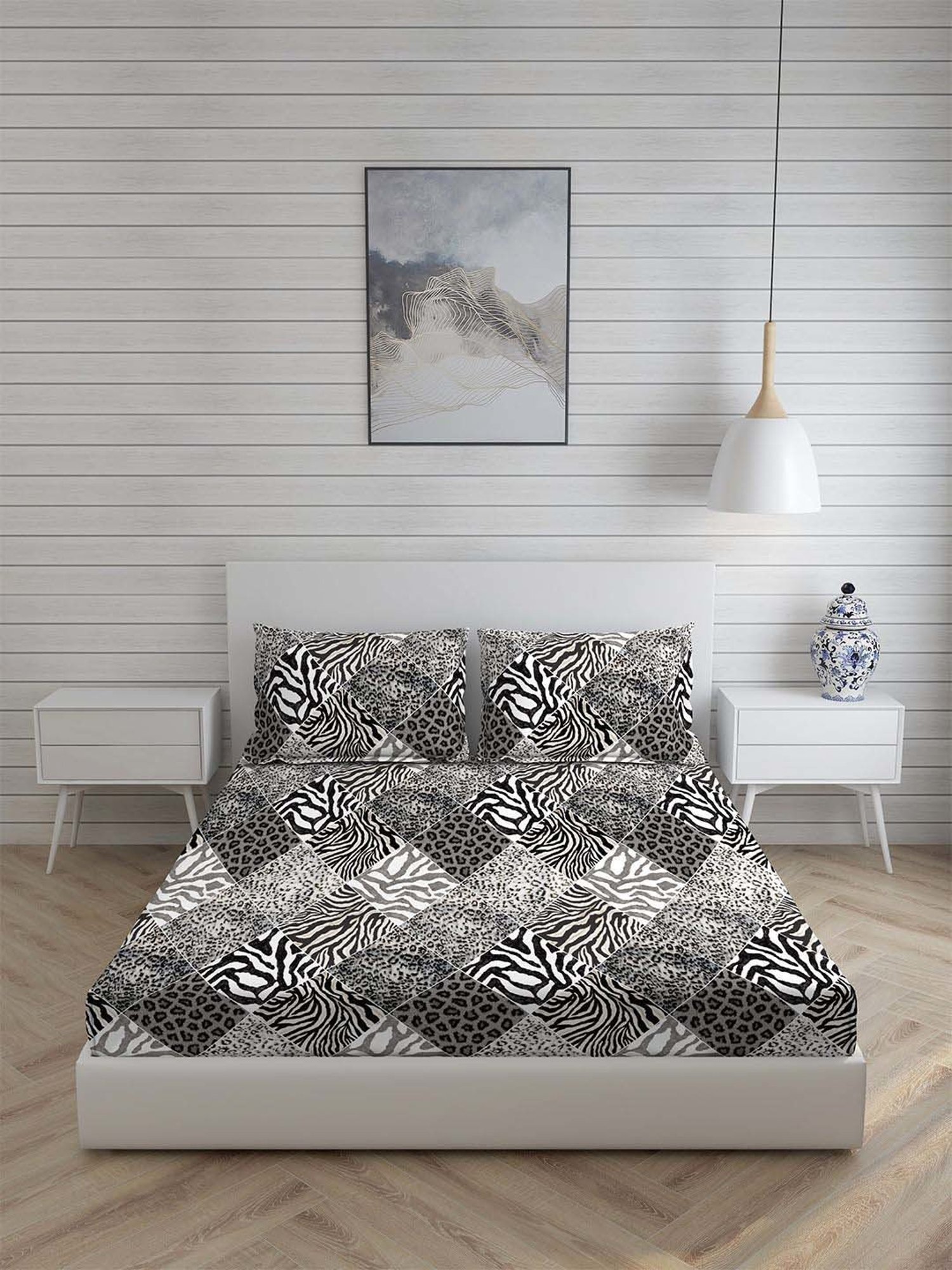 Boutique Living Untamed Grey Cotton 270 TC King Size Bed Sheet with Pillow Cover