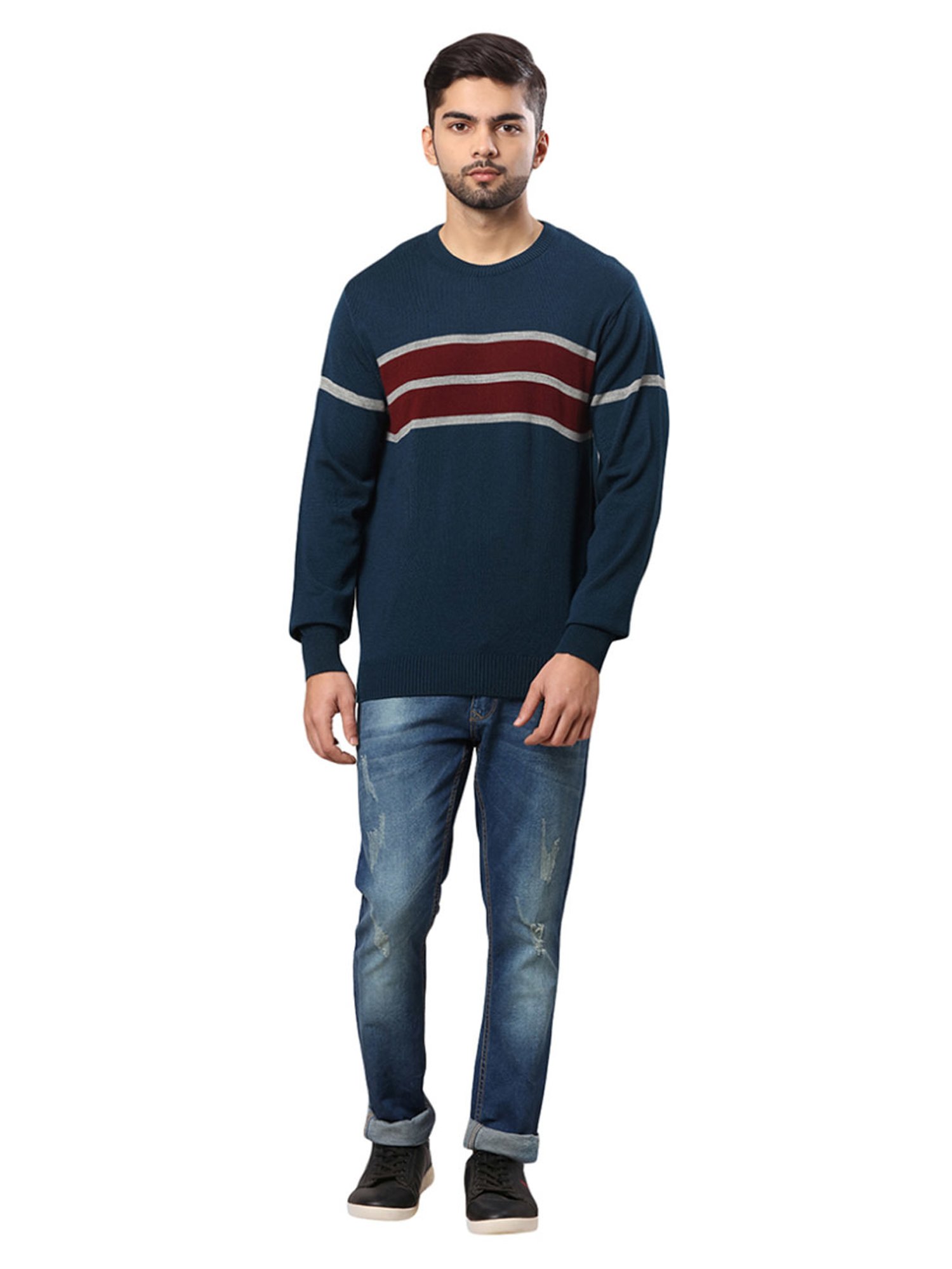 Raymond Blue & Brown Regular Fit Striped Sweater