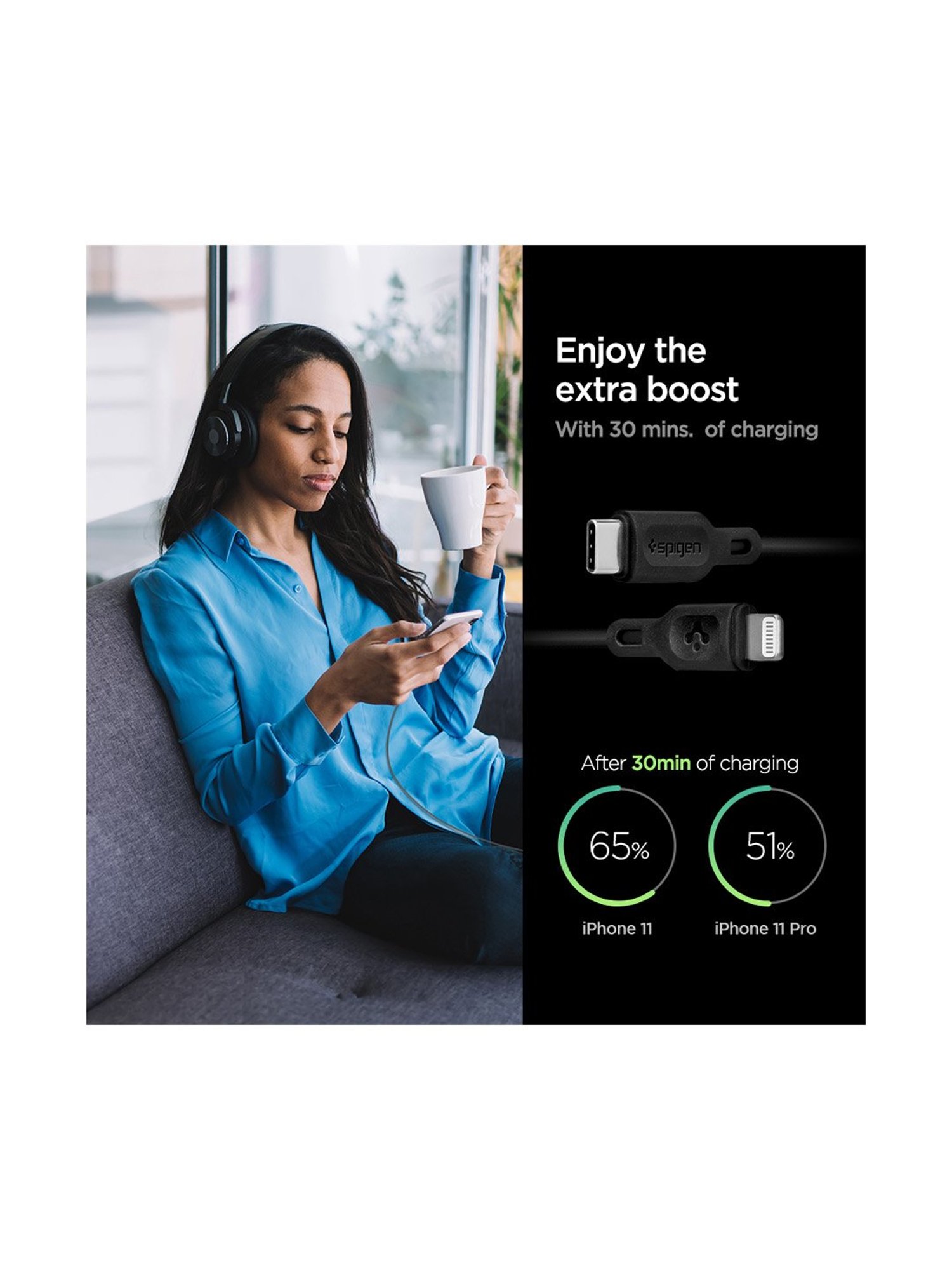 Spigen C10CL Apple MFi Certified USB C to Lightning Charge Sync Cable (0.9M) 2 Pack - Black