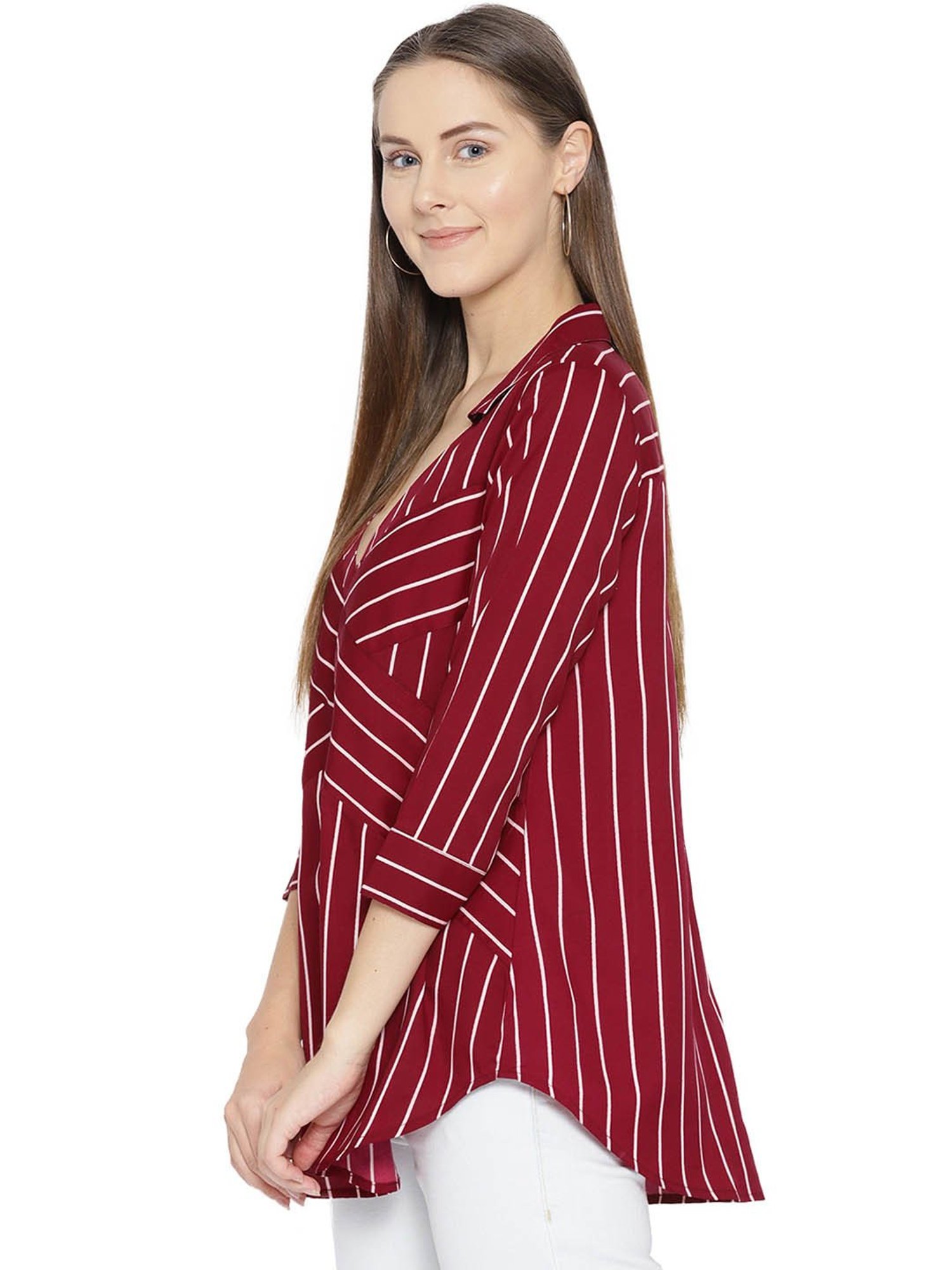 Qurvii Maroon & White Striped Top