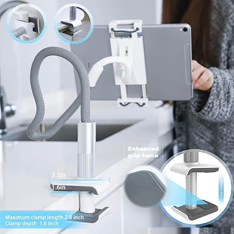 Gooseneck Tablet Holder  Tablet Stand Flexible Arm Clip Tablet Mount Compatible with iPad Mini Pro Air Switch Galaxy Tabs More 47105 Devices Gray