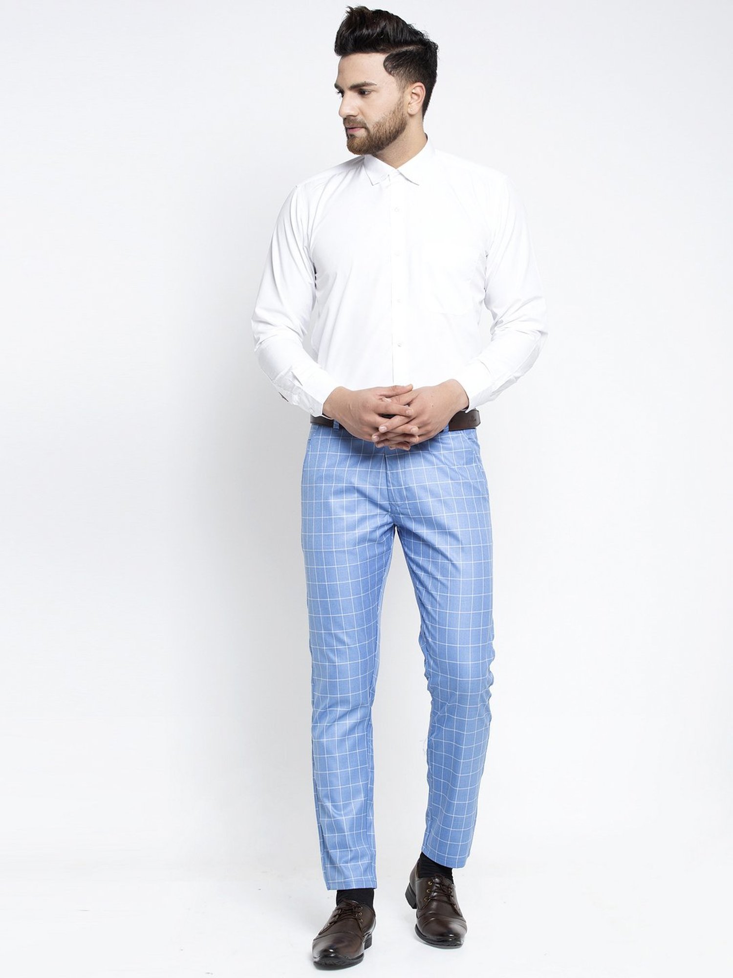 Jainish Blue Cotton Tapered Fit Checks Flat Front Trousers