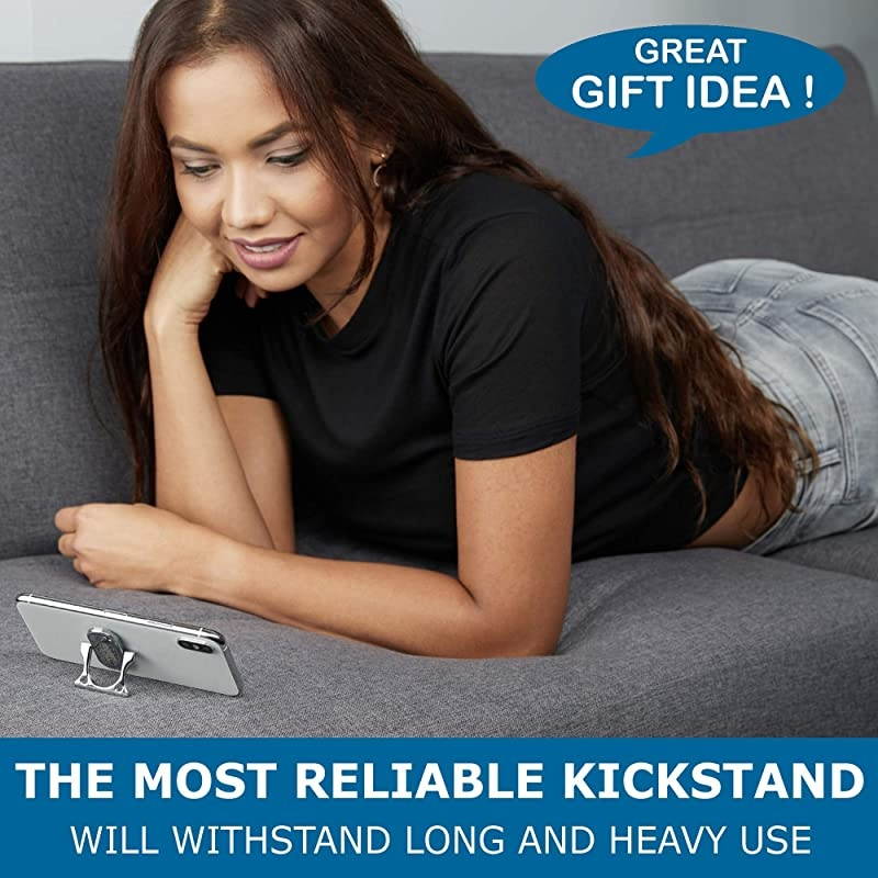 3 Finger Phone Ring Holder Kickstand  Comfy Secure Grip Scratch Resistant Durable Light Metal Ideal for Magnetic Car Mount or Stand Gift Idea w Wrist Strap Silver