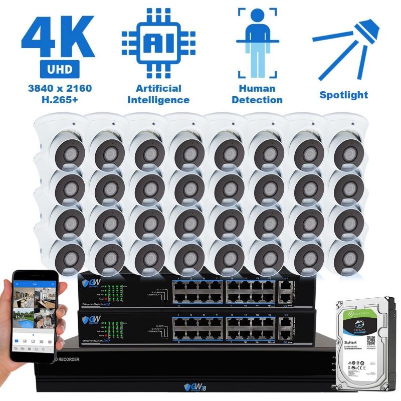 GW Security 8 Channel 15 Smart AI Functions Ultra HD 4K (8MP) Video & Audio Spotlight Color Night Vision Turret PoE IP Security Camera System (4 Cameras)