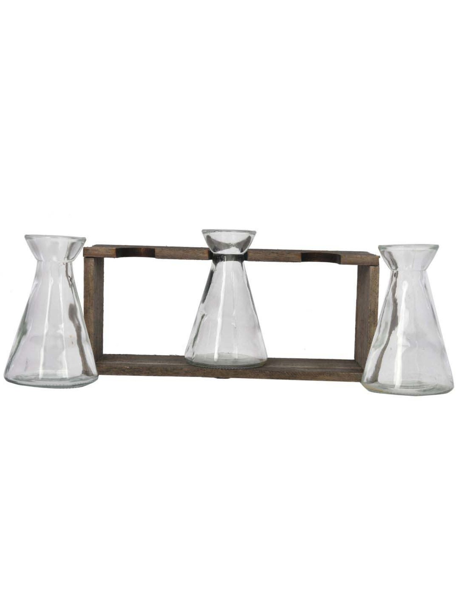 Tayhaa Transparent & Brown Glass Wooden Oraganised Vase Holder - Set of 3