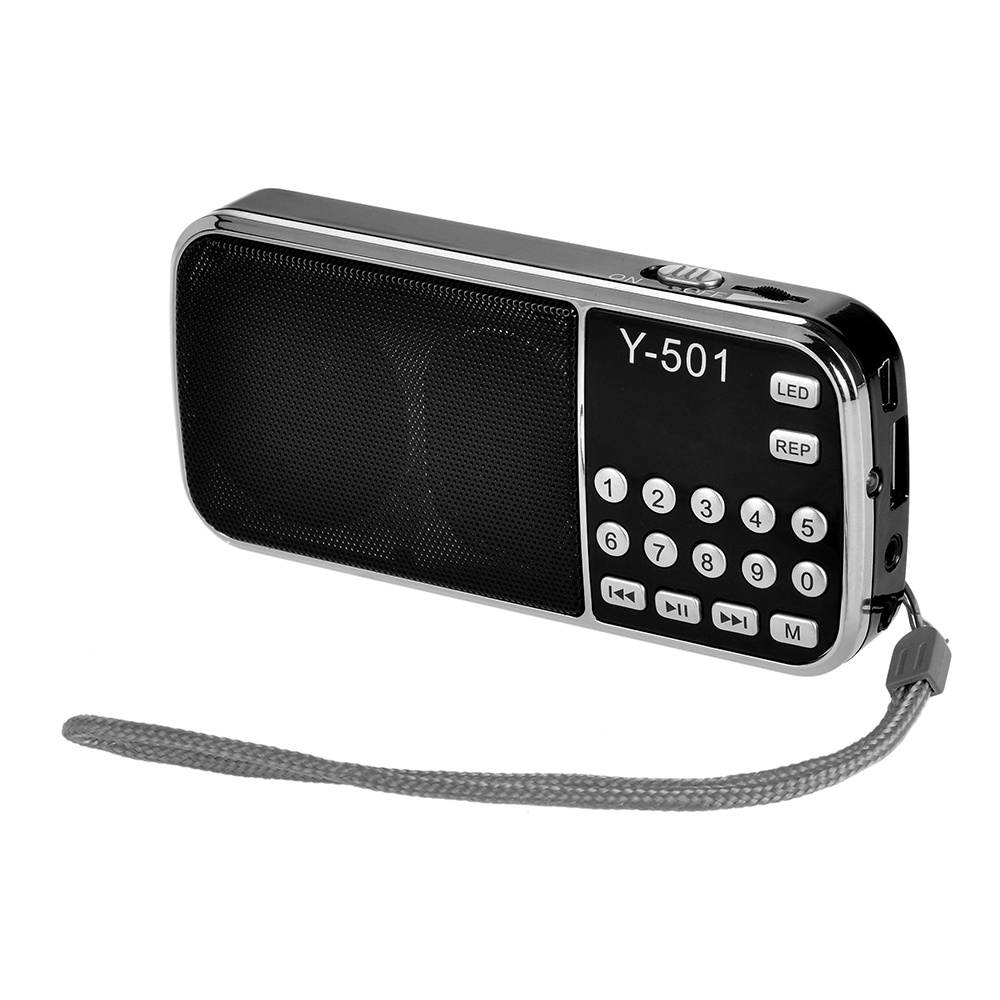 Y-501 Mini FM Radio Digital Portable 3W Stereo Speaker MP3 Audio Player High Fidelity Sound Quality w/ 0.75 Inch Display Screen LED Flashlight Support USB Drive TF Card AUX-IN Earphone-out
