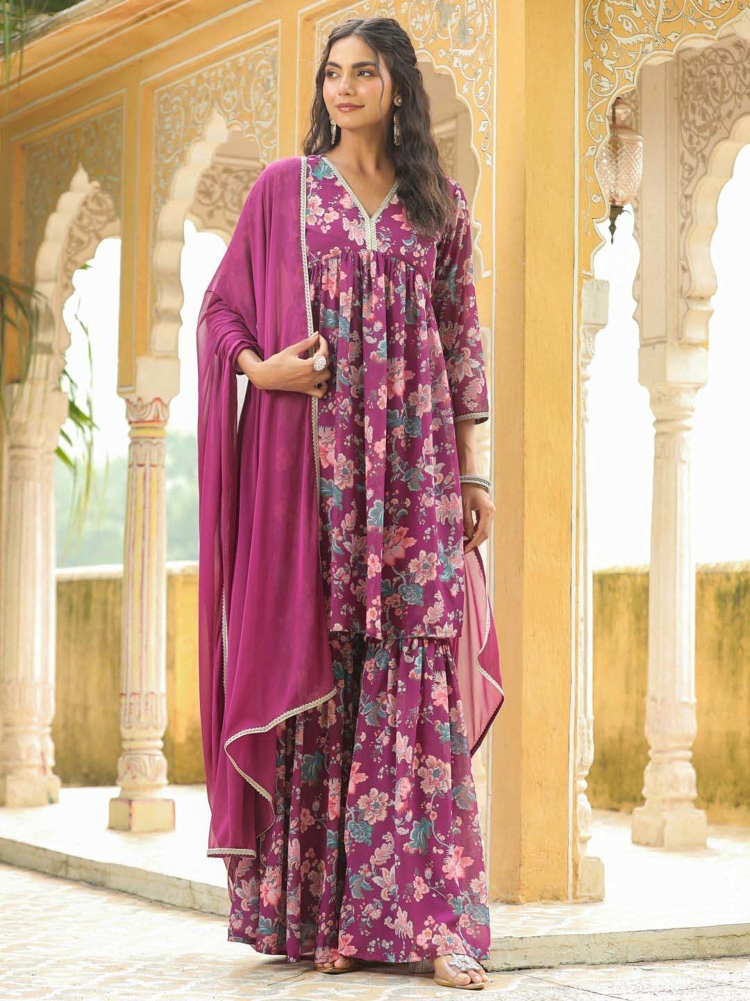 Janasya Purple Printed Kurti Sharara Set With Dupatta