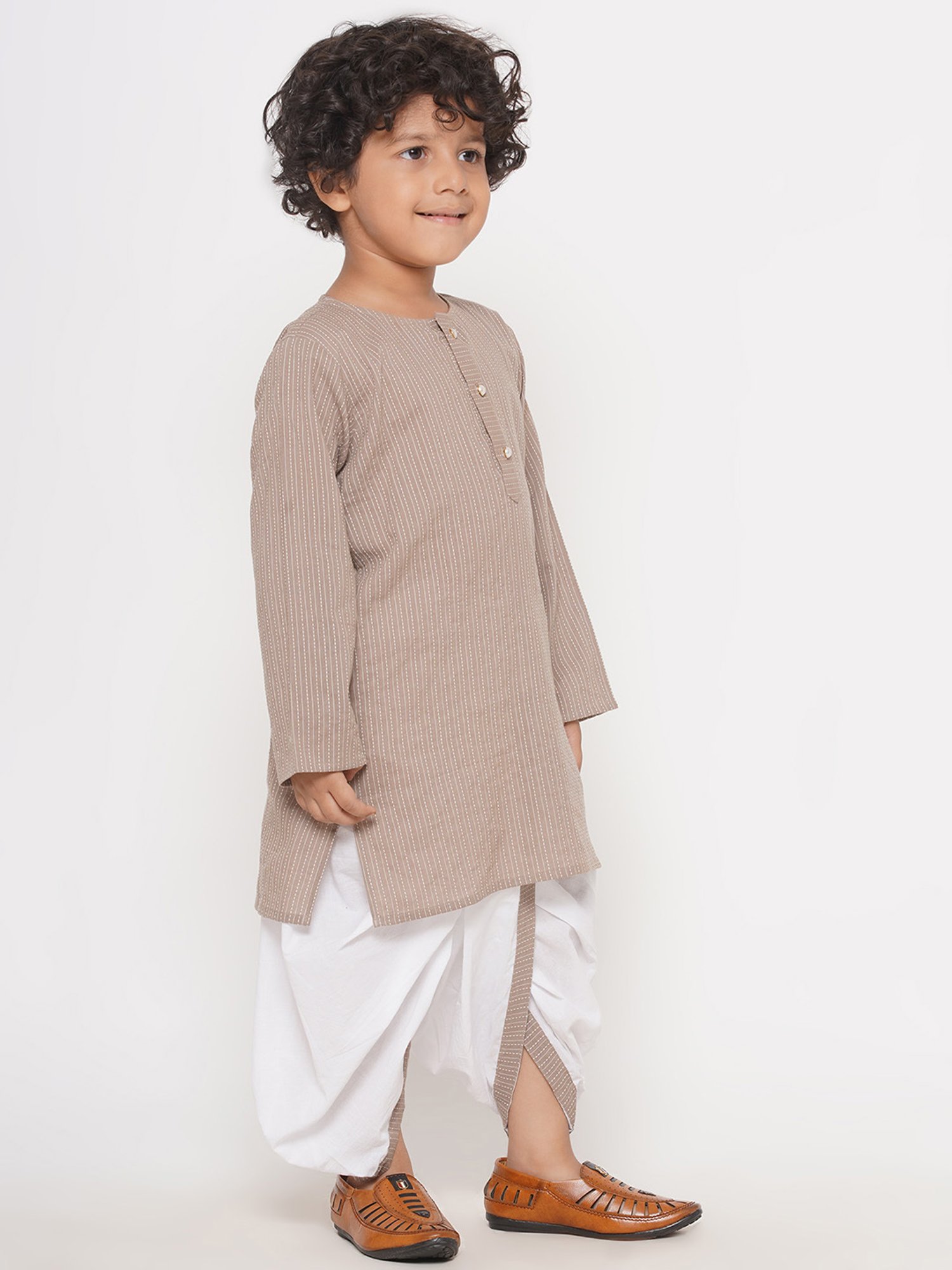 Little Bansi Kids Light Brown & White Striped Full Sleeves Kurta with Dhoti