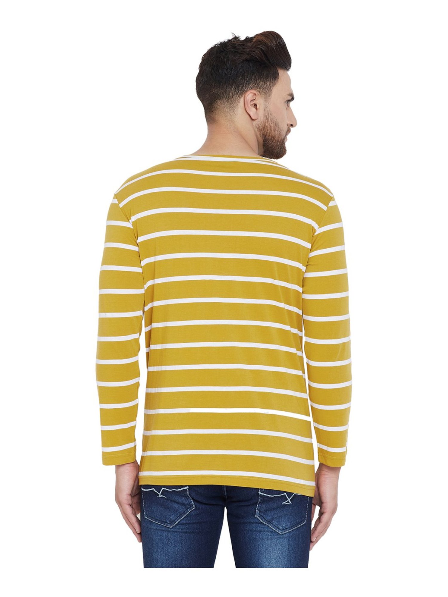 Hypernation Mustard & White Cotton Regular Fit Striped T-Shirt