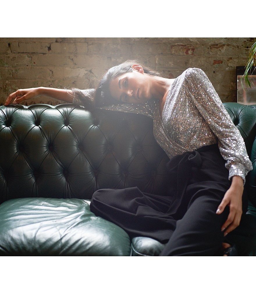 Tahari ASL Sequin Long Sleeve Crepe Jumpsuit