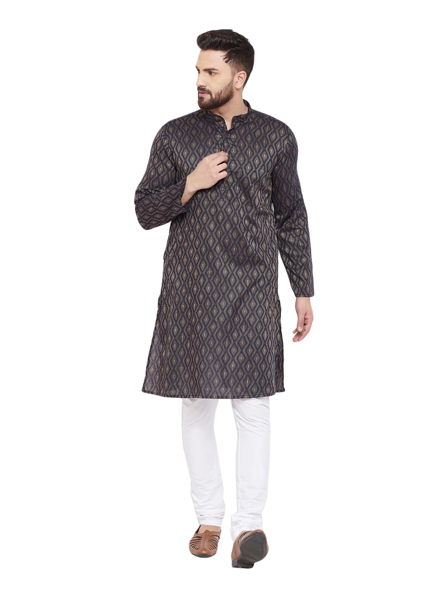 Even Brown Cotton Regular Fit Self Pattern Kurta
