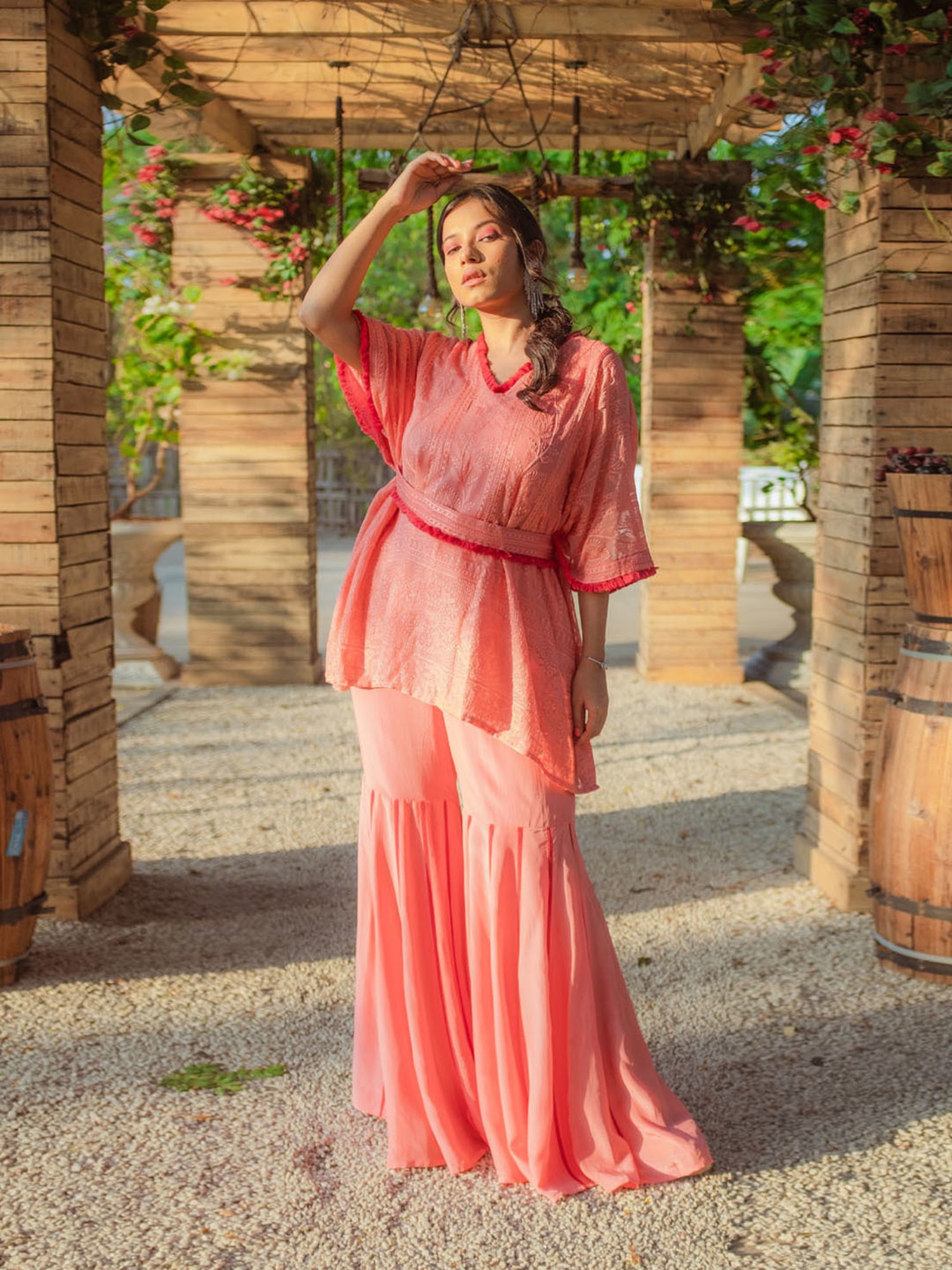 Monk and Mei Suraiya Chikankari Kaftan & Sharara- Peachy Melon