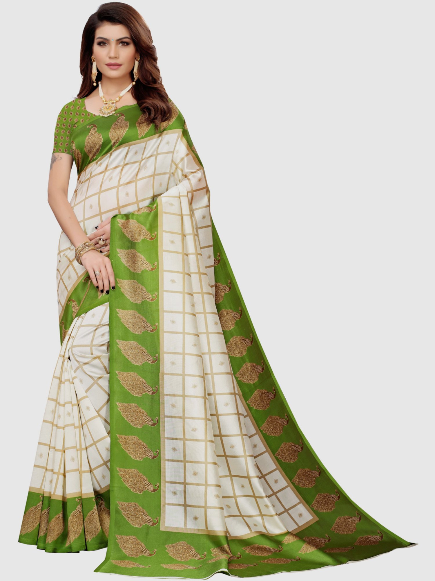 KSUT Off-White & Green Printed Saree With Blouse
