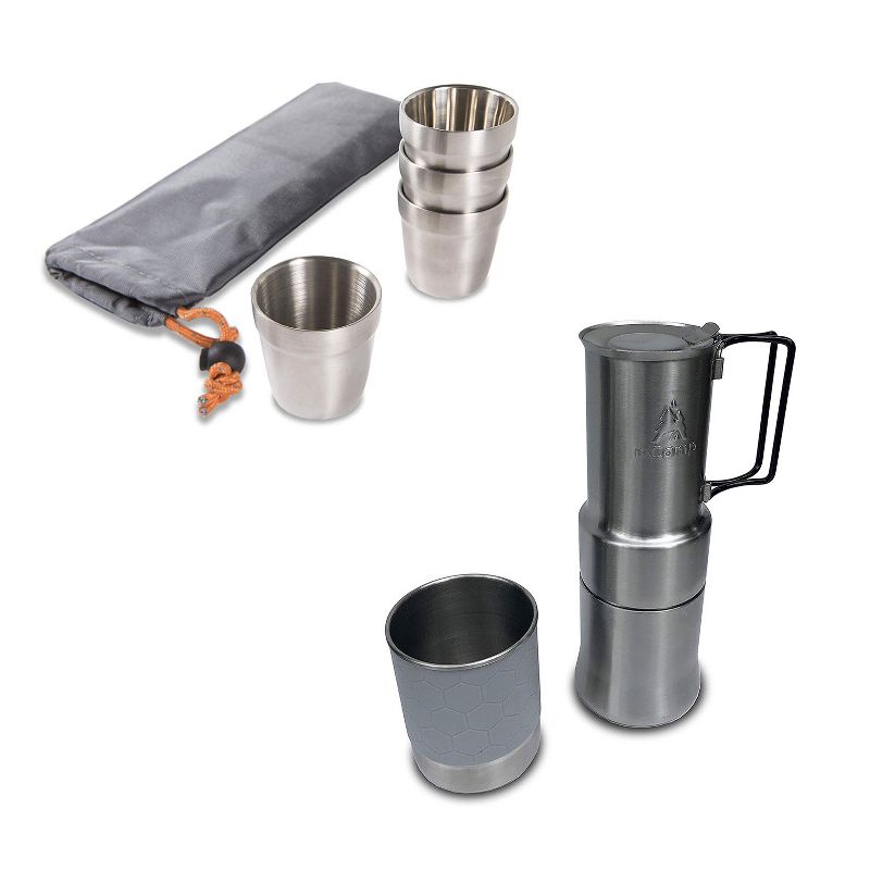 nCamp Basic 6 Ounce Stainless Steel Stackable Cups Camping Set and Carry Bag (4 Pack) Bundle with Outdoor Camping Espresso Style Caf&eacute; Coffee Maker