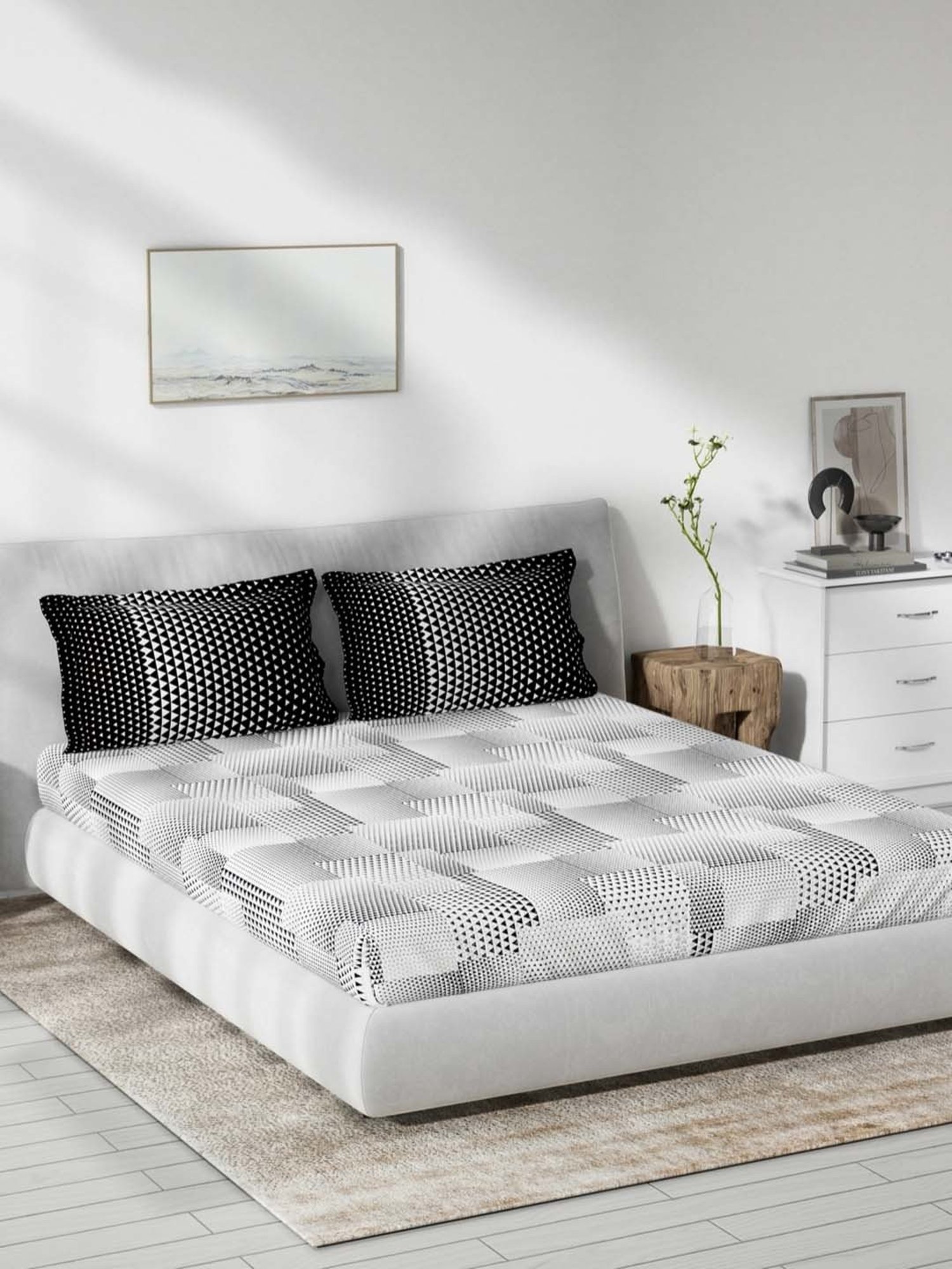 DDecor Geometric Grey 144 TC Cotton King Bedsheet with 2 Pillow covers