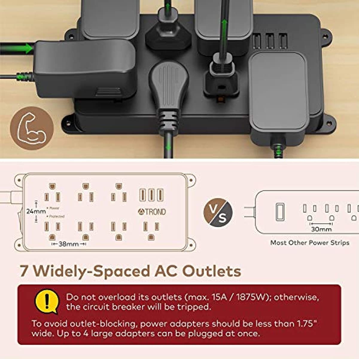 Power Strip Surge Protector with USB, ETL Listed, TROND Flat Plug Extension Cord Long 10ft, Wall Mountable, 7 Widely-Spaced Outlets & 3 USB Ports, 1700 Joules, Black