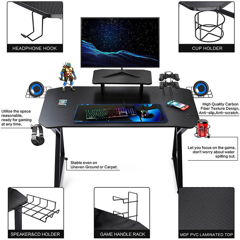 Gaming Desk 39 Inch Computer Desk Gaming Table K Shaped Pc Gaming Workstation Home Office Desk with Headphone/CD Holder, Gaming Controller Rack, K01