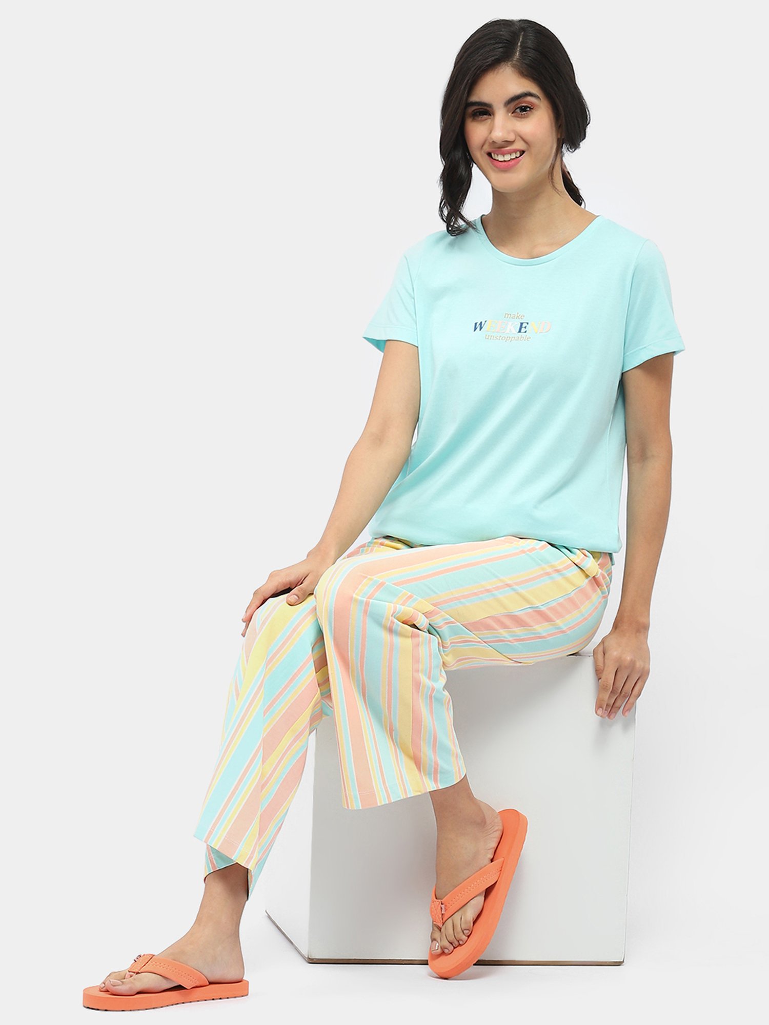 MADAME M Secret Blue & Yellow Graphic Print T-Shirt With Pyjamas